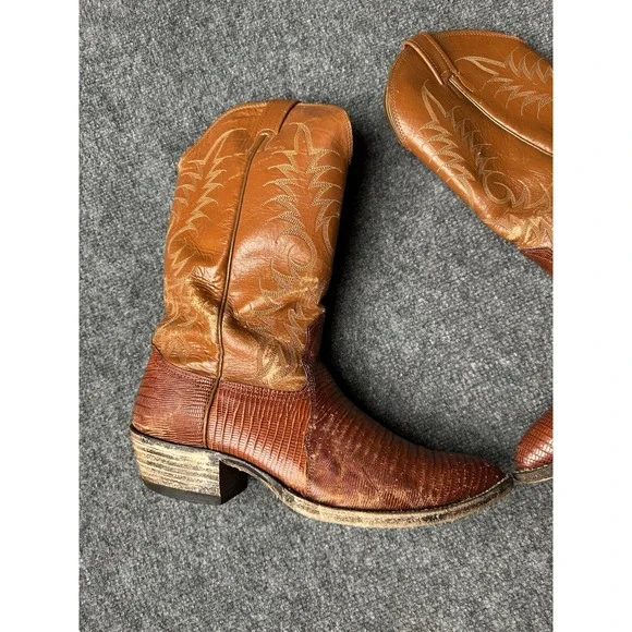 Mens Leather Nocona Brown Lizard Print Cowboy Boots 29060 USA 1970s, Size 9.5E